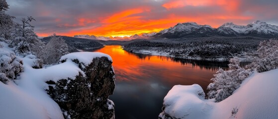 Canvas Print -  A red and orange sunset over snow-covered mountains surrounds a serene lake