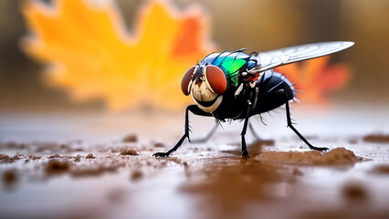 fly closeup on forest ground, blurred background