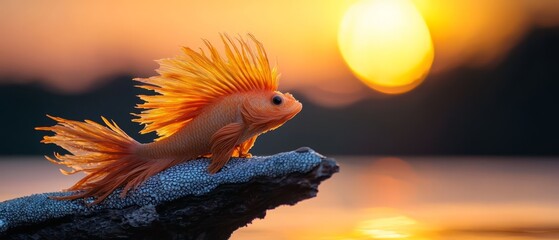 Poster -  A tight shot of a fish perched on a rock beside a water body, with a sun setting in the backdrop