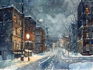 A tranquil winter evening scene, depicting a snow-covered street in a quaint neighborhood, with warm lights glowing from the buildings.