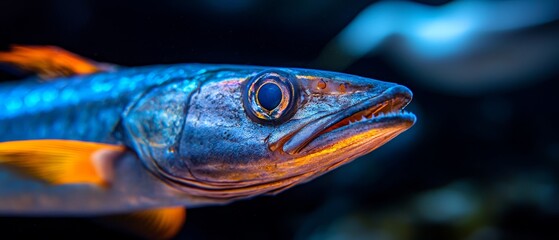 Wall Mural -  A tight shot of a blue-yellow fish against a black backdrop Background softly blurred