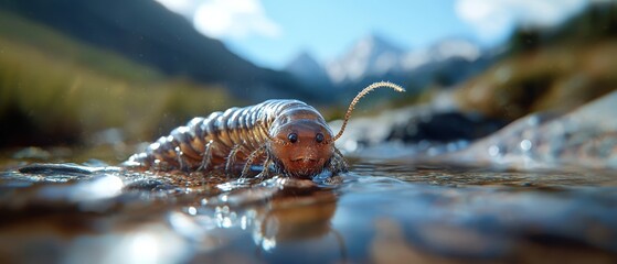 Sticker -  A tight shot of a body of water, where a small animal grips it in its jaws In the distance, a towering mountain stands as the backdrop