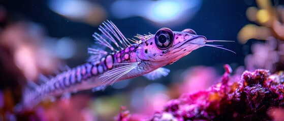  A tight shot of a fish beside corals, with coral formations in the background Background features a hazy, indistinct sky