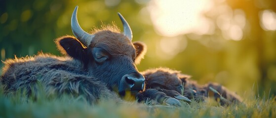 Canvas Print -  A few brown cows rest atop a verdant, grassy field dotted with trees in the background