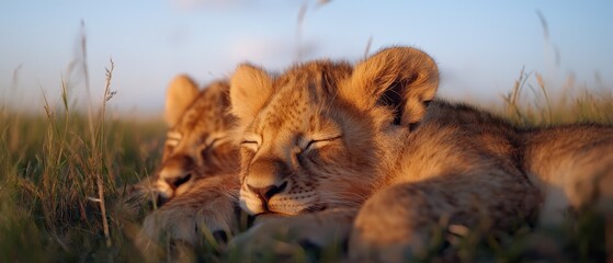 Poster -  A couple of young lions sleep in a field of tall grass with their eyes closed