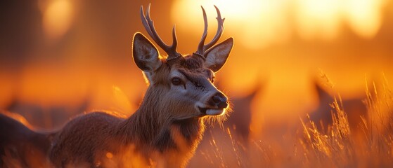 Wall Mural -  A tight shot of a deer's head in a field of towering grasses, framed by the golden sunlight behind