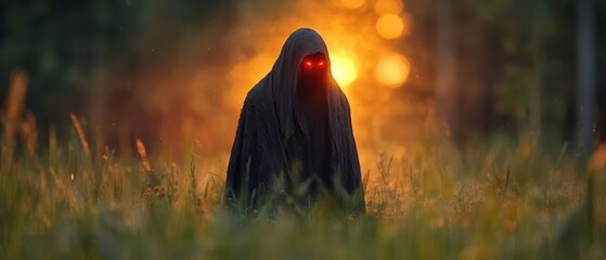 Sticker -  Person in field, hooded figure, red glowing eye