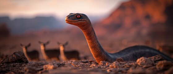 Wall Mural -  A tight shot of a snake in a meadow among other animals, backed by a mountain