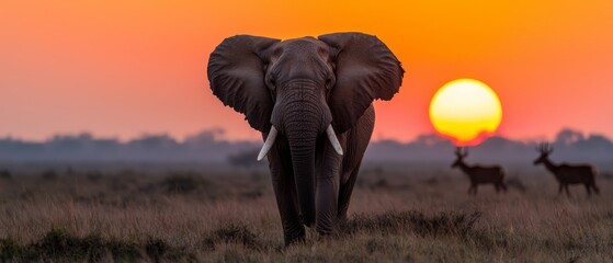 Canvas Print -  An elephant stands in a field, deer are in the background A setting sun casts gold over the scene, placing it in the sky behind them