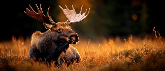 Wall Mural -  A tight shot of a moose in a field, adorned with its massive antlers atop its head