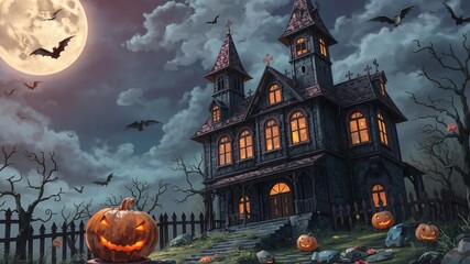 Wall Mural - halloween night scene with bats, pumpkins, moon light with castle background