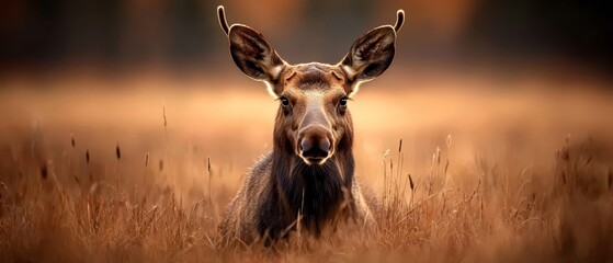 Canvas Print -  A deer in a tall grass field gazes at the camera with a softly blurred background