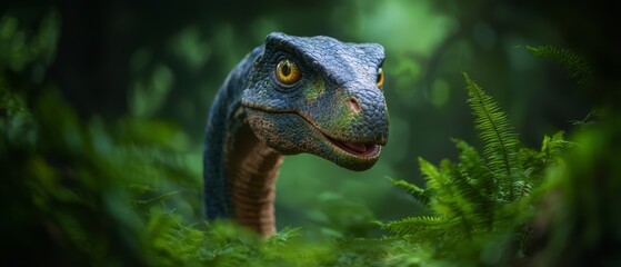  A tight shot of a dinosaur's head amidst a lush forest of green foliage, the background faintly blurred