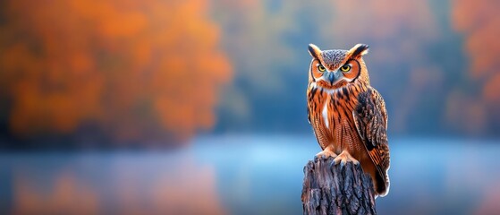 Poster -  An owl atop a tree stump faces a tranquil body of water, surrounded by trees in the backdrop