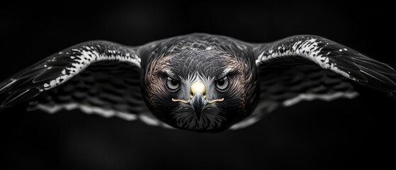 Poster -  A tight shot of a bird of prey mid-flight, wings fully extended, eyes intense and focused