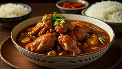 Wall Mural -  Delicious Asianstyle chicken stew with rice ready to be savored