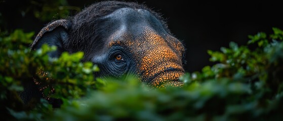 Canvas Print -  A tight shot of an elephant's face emerging from a thicket, surrounded by fallen leaves