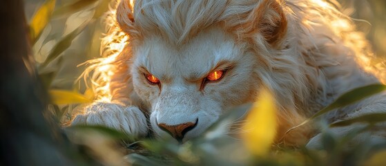 Poster -  A tight shot of a white wolf's face with glowing red eyes In the foreground, a dense, bushy branch