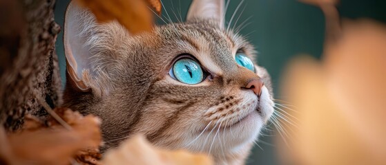 Wall Mural -  A tight shot of a feline's visage featuring brilliant blue eyes, accompanied by a tree branch in the proximity