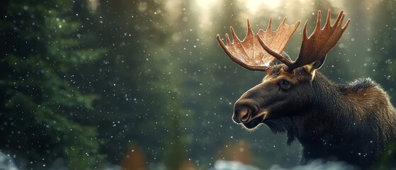 Wall Mural -  A tight shot of a moose's head against a backdrop of heavy snowfall and distant trees