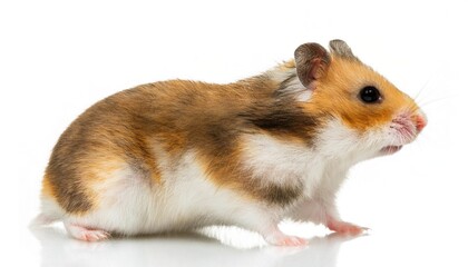 golden or Syrian hamster - Mesocricetus auratus - are rodents and popular small domestic pets known for running on a spinning wheel.  Life analogy. Running in place getting nowhere. Isolated on white