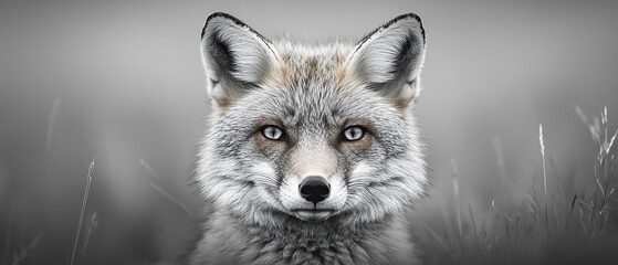 Wall Mural -  A fox's face, closely framed, with grass in the foreground and a gray sky enveloping the background