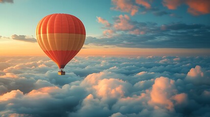 Wall Mural - a single hot air balloon floats above a sea of clouds at sunset.