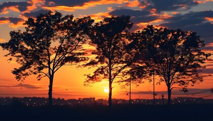 Enchanting sunset with tree silhouettes and glowing lights against a deepening sky, ideal for creating atmospheric visuals.