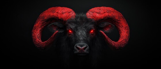 Wall Mural - close-up of a horned beast with massive red horns atop its head and fiery-glowing eyes