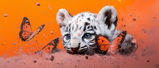  A white tiger with blue eyes and a butterfly atop its back against an orange background