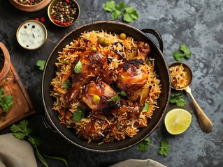 Frying pan with tasty chicken pilaf on dark background, top view