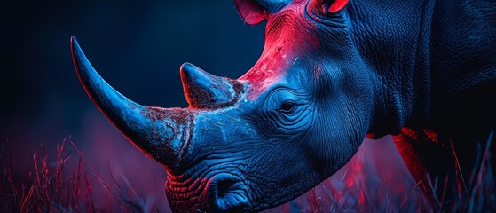 Canvas Print -  A close-up of a rhino's head with red and blue lighting on its horn