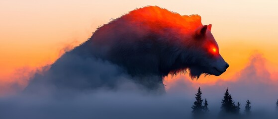 Canvas Print -  A large, red-eyed beast stands amidst foggy terrain with trees in the foreground and a sunset painting the backdrop