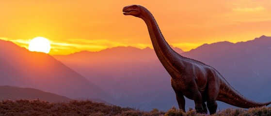 Poster -  A large dinosaur atop a grassy field, adjacent to mountain ranges, during sunset - the sun distant