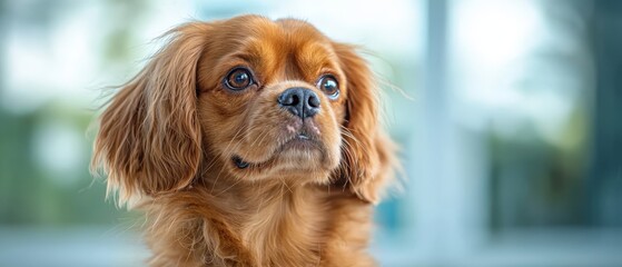 Wall Mural -  A tight shot of a dog gazing into the camera, background featuring a blurred window