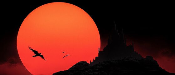 Sticker -  A bird flies against a red sun in this image, with another bird silhouetted before it