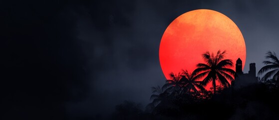 Poster -  A full moon appears reddish behind palm trees against a dark night sky, its center marked by a radiant red glow