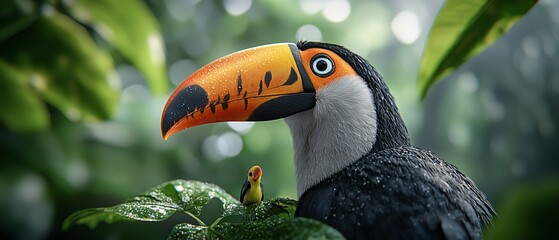 Wall Mural -  A tight shot of a toucan perched on a tree branch, foreground features a nearby bird, background holds another avian figure