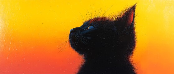 Sticker -  A painting features a black cat gazing upward at an object yellow and orange in color, situated in the background