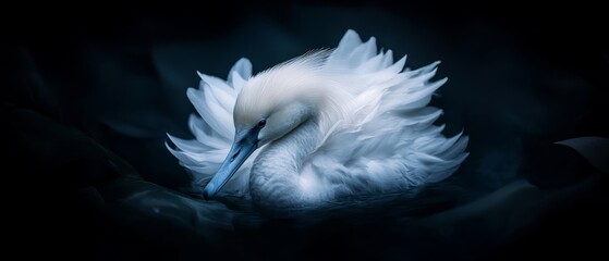 Canvas Print -  A tight shot of a white bird bending its head into its feathers above the water surface