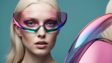 Poster - The model exudes confidence, wearing striking eyewear that blends colorful lenses with a sleek design, making a bold fashion statement in a minimalist setting