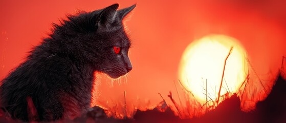  A tight shot of a feline in a meadow, surrounded by sun-kissed grass, with the sun casting long shadows behind