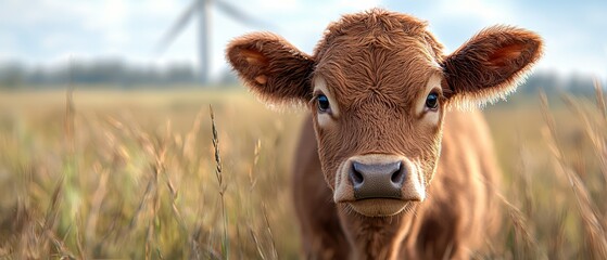 Wall Mural -  A tight shot of a cow in a field filled with tall grass In the backdrop, a wind turbine stands distant