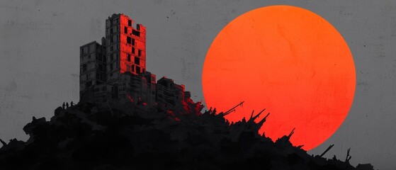 Sticker -  A city painting with a red sun atop the mid-sky and a building atop the hill's peak