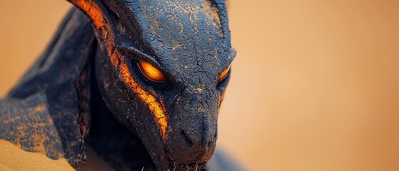 Poster -  A tight shot of a dragon statute's head, displaying vibrant orange eyes and a golden radiance emanating from them