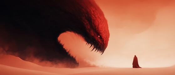 Sticker -  A red dragon of considerable size looms next to a man in a desert characterized by extensive red sands The backdrop includes a red sky engulfed in flames, with clouds mirr