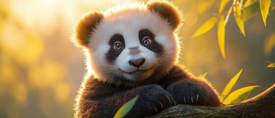  A panda closely seated on a tree branch, sun illuminating leaves behind