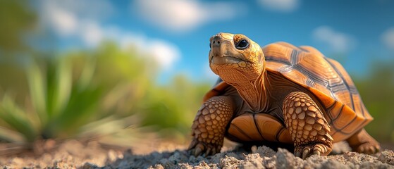 Wall Mural -  A tight shot of a tortoise on brown earth against a backdrop of a blue sky and drifting clouds