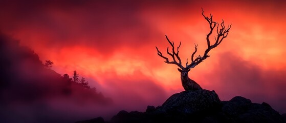 Poster -  A solitary tree atop a rocky knoll, against a backdrop of red and pink sky, dotted with clouds