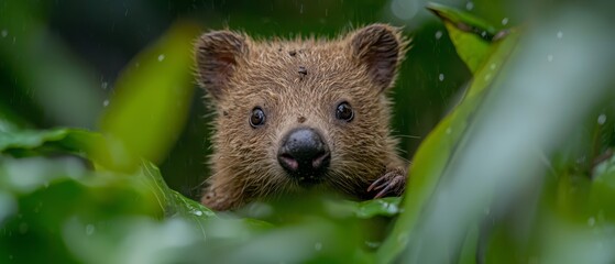 Wall Mural -  A brown bear, wet from rain, peers out from behind a green plant adorned with water-dotted leaves